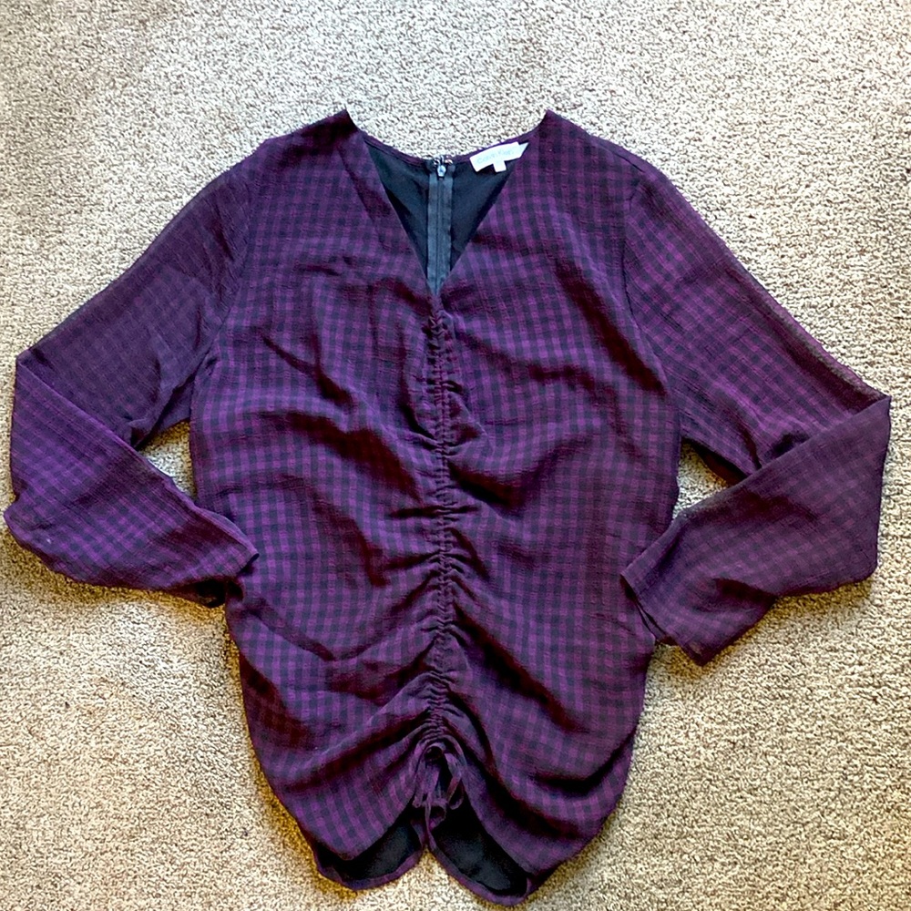 Calvin Klein purple/black gingham gathered front long sleeved blouse Sz XL